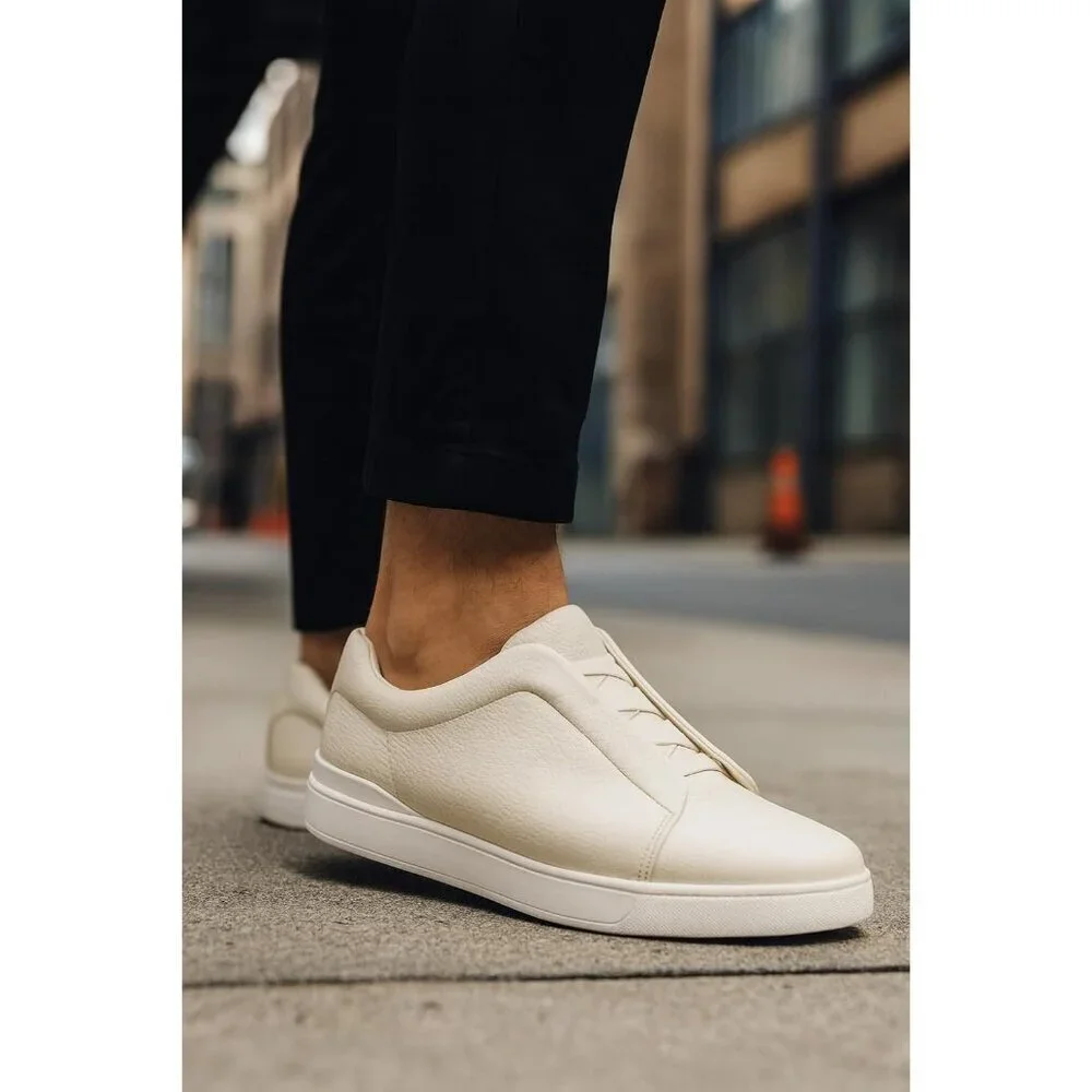 Men's Genuine Leather Off White Memory Foam Insole  Lightweight Sneakers Shoes